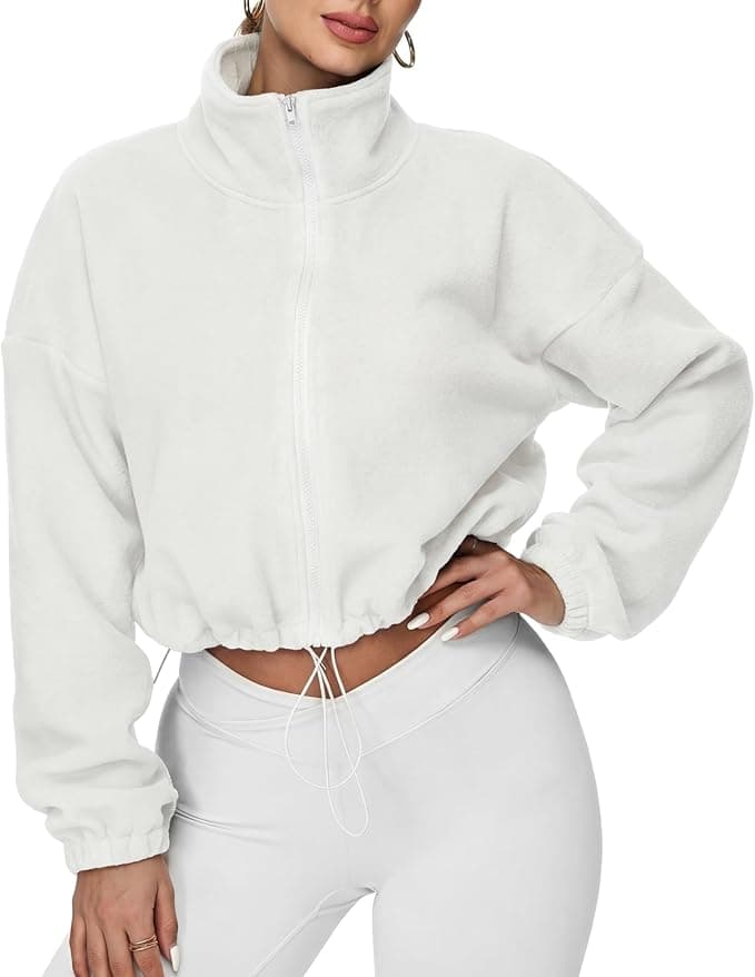 Cuffbow Women Full Zip Fleece Jacket Cropped Stand Collar Jacket Long Sleeve Sherpa Coat Drawstring Hem 2025 Winter Outfit 