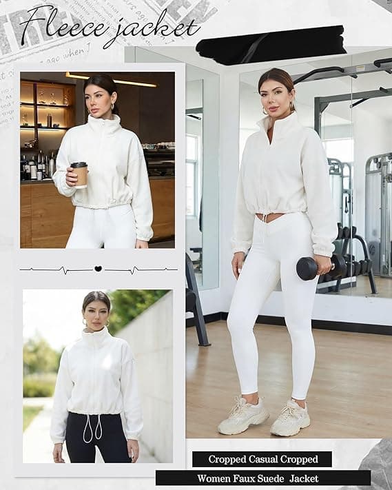 Cuffbow Women Full Zip Fleece Jacket Cropped Stand Collar Jacket Long Sleeve Sherpa Coat Drawstring Hem 2025 Winter Outfit  thumbnail 2