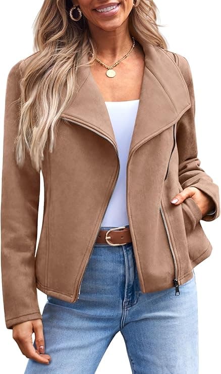 AUTOMET Women‘s Faux Suede Leather Jacket, Cropped Open Front Coat for Fall Winter Spring, Cardigan Style
