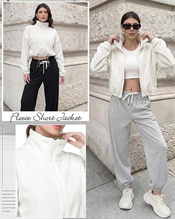 Cuffbow Women Full Zip Fleece Jacket Cropped Stand Collar Jacket Long Sleeve Sherpa Coat Drawstring Hem 2025 Winter Outfit  thumbnail 3